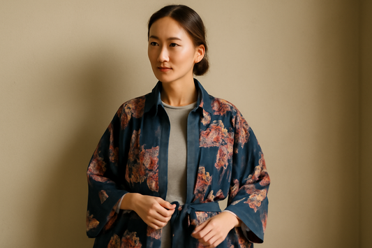 Stylish woman demonstrating a kimono layering outfit hack with a versatile robe for diverse fashion in the United States.