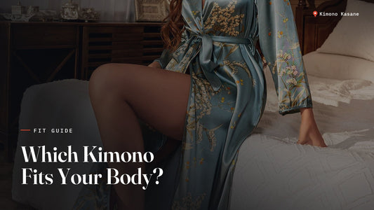 Woman in floral kimono illustrating kimono for different body types and fit tips