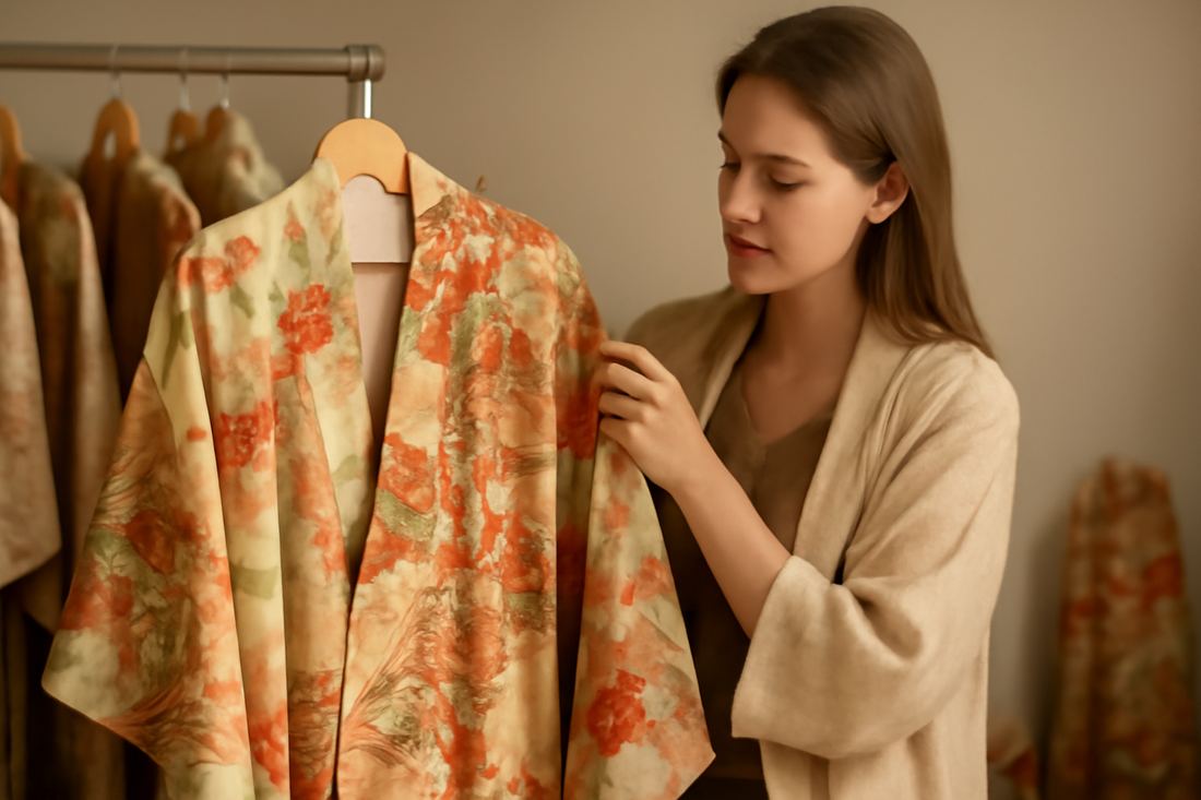 AI-generated image of a beautifully draped vintage Japanese kimono, showcasing ethical sourcing and cultural appreciation in the USA.