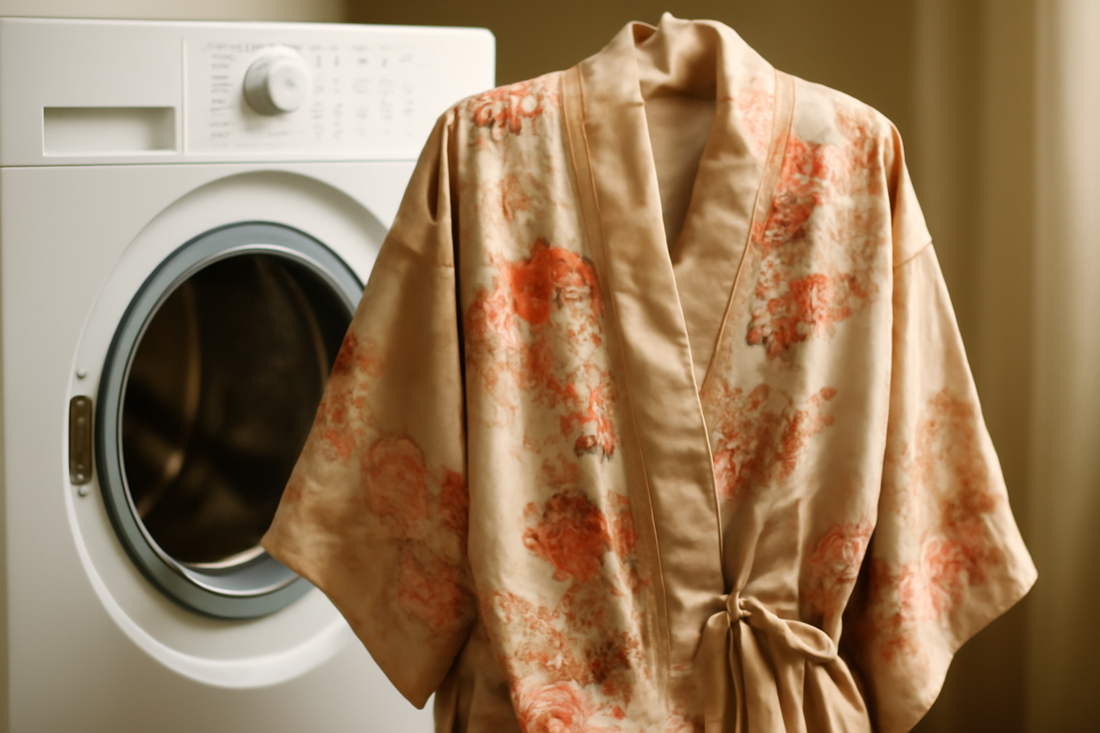 AI-generated image of a luxurious, elegantly draped silk kimono being gently machine-washed, symbolizing effortless care and modern luxury in the United States.