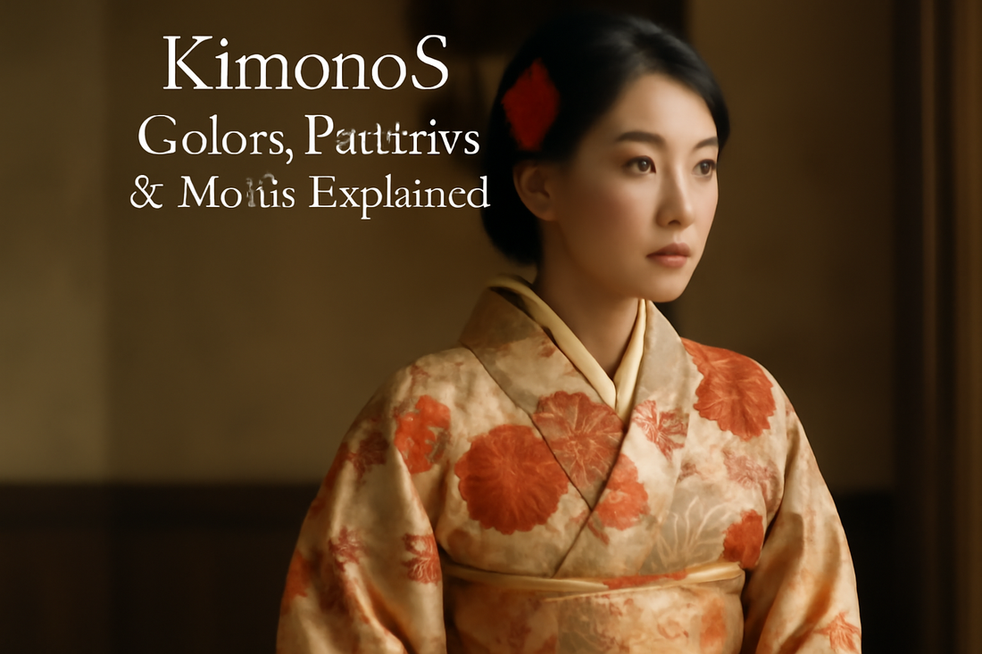 AI-generated image showing diverse Japanese kimono fabrics with rich symbolic patterns and vibrant colors, explaining kimono symbolism in the United States.