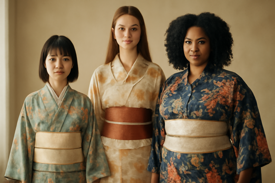 AI-generated image showing diverse women of petite, tall, and curvy body types confidently wearing stylish kimonos in a modern setting in the United States.