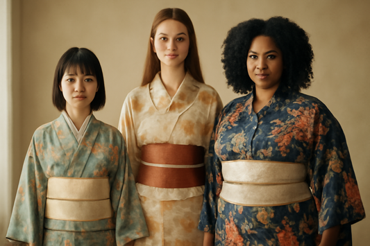 AI-generated image showing diverse women of petite, tall, and curvy body types confidently wearing stylish kimonos in a modern setting in the United States.
