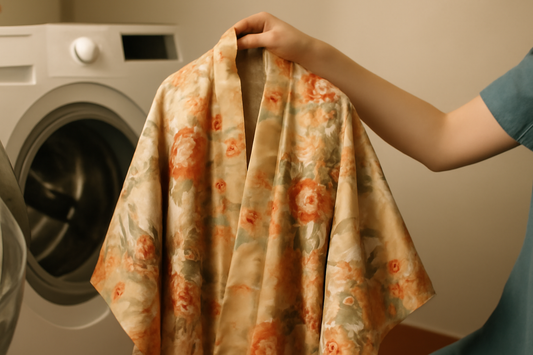 A beautifully draped machine-washable silk kimono, freshly cleaned and ready for everyday elegance in the United States.