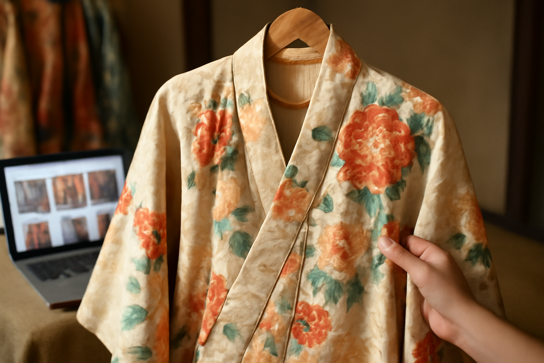 Beautifully draped vintage and secondhand Japanese kimono, an ultimate guide for finding, authenticating, and buying online in the United States.