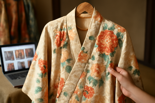 Beautifully draped vintage and secondhand Japanese kimono, an ultimate guide for finding, authenticating, and buying online in the United States.