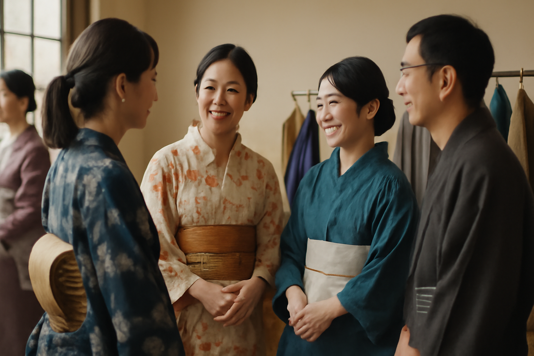 A diverse group of US kimono enthusiasts gathered at a community meetup, sharing their passion for Japanese culture and traditional dress.