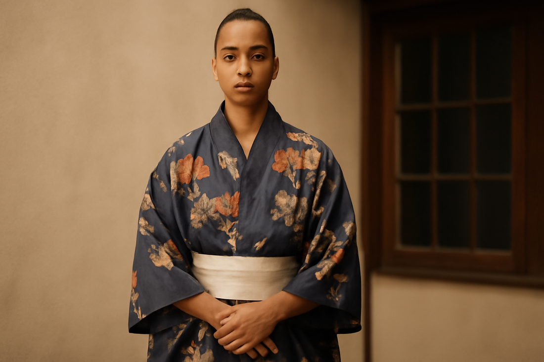 Diverse individuals showcasing modern mens kimono fashion and non-binary styles in a vibrant setting in the United States.
