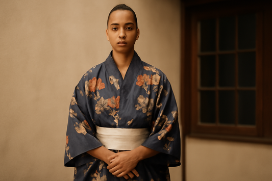 Diverse individuals showcasing modern mens kimono fashion and non-binary styles in a vibrant setting in the United States.