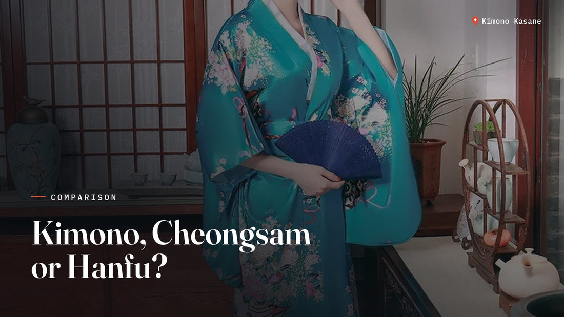 Femme portant un kimono japonais turquoise à motifs floraux avec un éventail, illustrant la comparaison kimono, cheongsam et hanfu