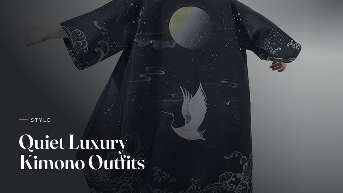 Haori kimono bleu nuit à motif lune et grue, style resort luxe tonal pour l'automne-hiver 2026
