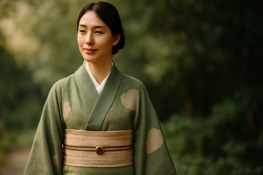 An illustration of a beautiful Japanese kimono made from flowing, natural, and biodegradable fabrics, embodying sustainable fashion principles for the United States market.