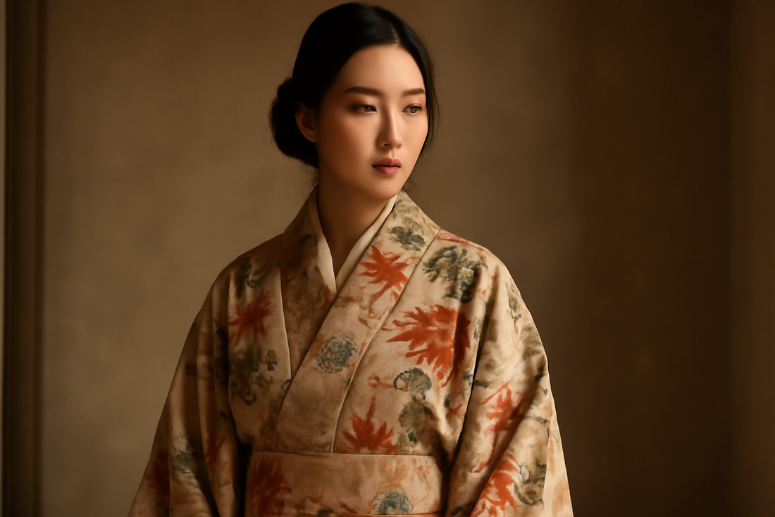 Illustration of a serene Japanese garden with a subtly visible, elegantly draped kimono on a mannequin, symbolizing sustainable fashion and ethical luxury in the United States.