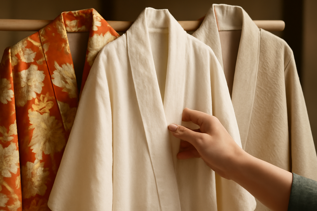 A luxurious silk kimono fabric draped gracefully, showcasing intricate patterns and rich texture for US buyers.