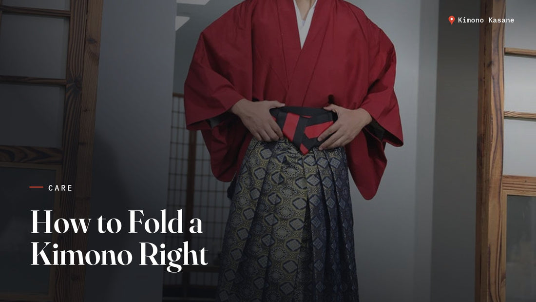 Man wearing a red kimono with a patterned hakama, illustrating how to fold a kimono properly and store it