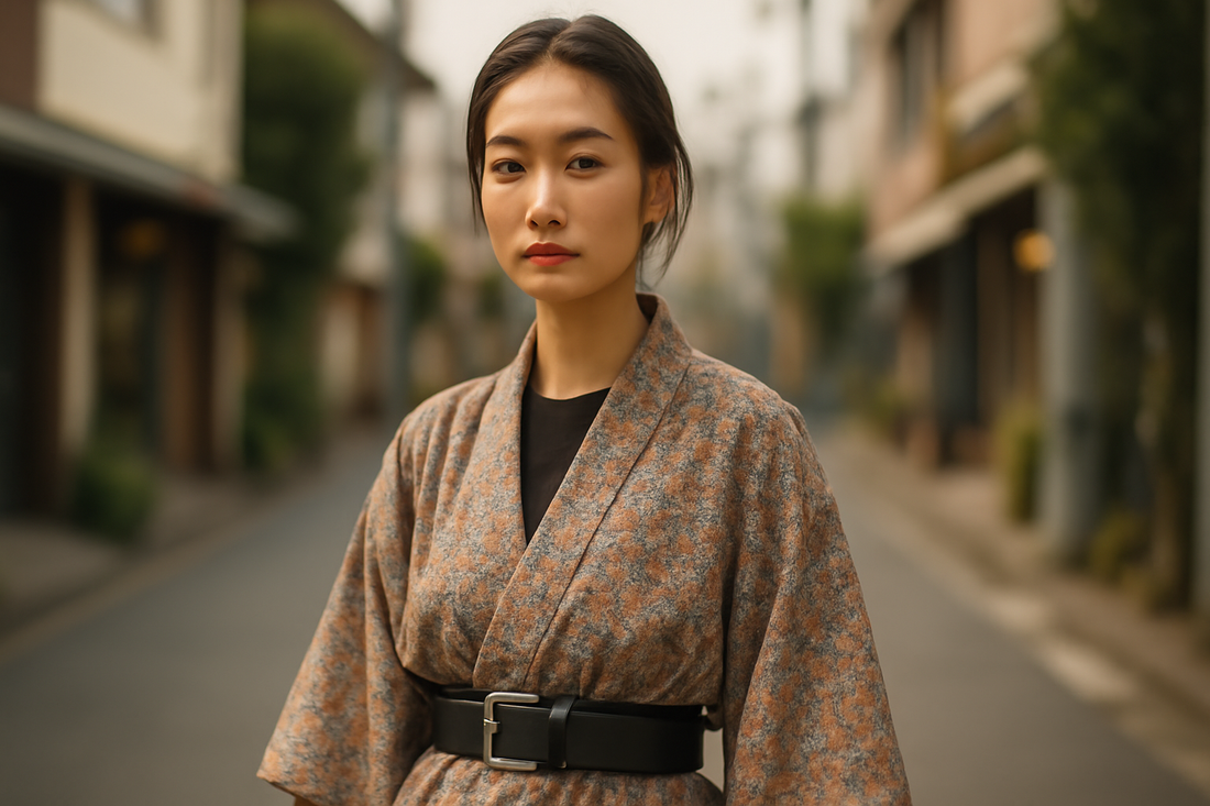 A stylish person walking down a modern urban street, wearing a vintage komon kimono cinched with a contemporary leather belt, embodying casual streetwear in the United States.
