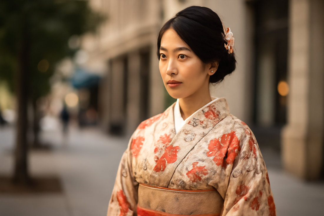 Woman in elegant traditional Japanese kimono strolling through a serene garden, embodying temporary luxury for kimono rental in the USA.